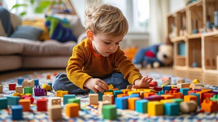 cute little toddler playing with colorful wooden block toys on the floor - obrazy, fototapety, plakaty