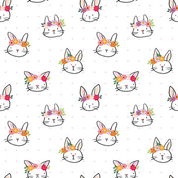 Seamless Pattern of Cartoon Rabbit Face and Flower Design on White Background with Pink Dots