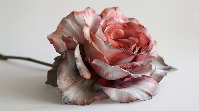 This exquisite image showcases a stunning rose with a blend of pink and silver hues on its delicate petals, set against a neutral background.