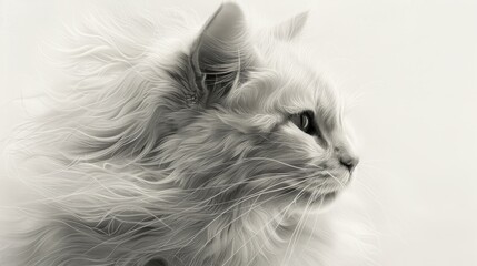 Black and white image capturing the profile of a majestic long-haired cat, its fur flowing beautifully, exuding elegance and grace.