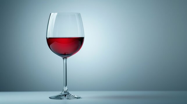 A single glass of red wine poised elegantly against a gradient gray background, highlighting the rich color and clarity of the wine.