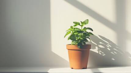 A potted mint plant basking in sunlight, casting sharp shadows on a white surface, embodies freshness and growth.