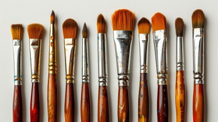 A variety of well-used artist paint brushes with paint remnants on the handles and ferrules, displayed on a white background.