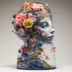 A fusion of human and floral elements within a glass sculpture