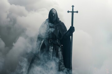  A knight emerges from foggy mists Cross in hand