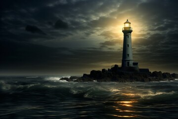 The lighthouse stands as a beacon of solitude in the quiet darkness - obrazy, fototapety, plakaty