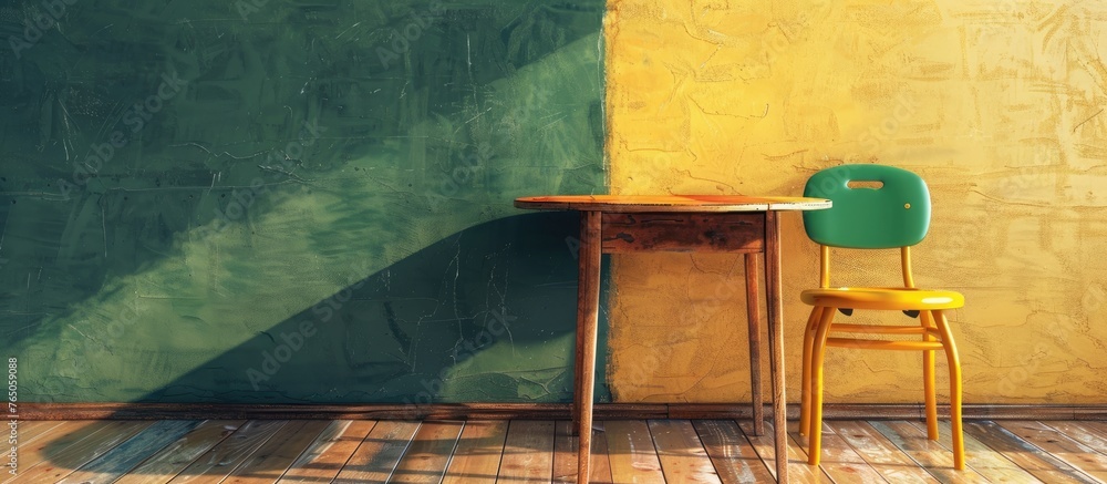 Poster in a room, there is a chair and a table placed next to each other, creating a simple and cozy setup.