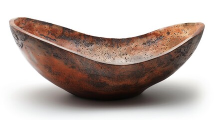 This image showcases a rustic, textured ceramic bowl with a unique asymmetrical shape, set against a white backdrop. - obrazy, fototapety, plakaty
