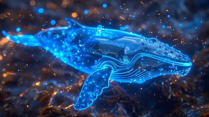 This image features a neon outline of a humpback whale, superimposed on an underwater scene that resembles a star-filled cosmos. - obrazy, fototapety, plakaty