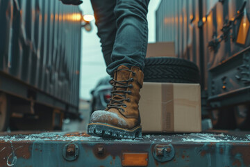A close-up shot of a mover boots, stepping down from the container truck with a box in hand.