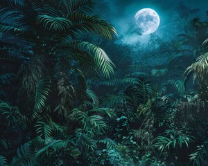 Fototapeta na wymiar Tropical night jungle moonlit
