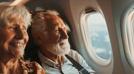 Happy senior couple travel in airplane enjoying vacations trip together, Lifestyle trip travel, warm light, empower and joyful life concept