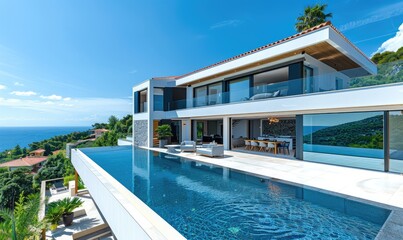 Modern luxury laconic mediterranean style house with pool - obrazy, fototapety, plakaty