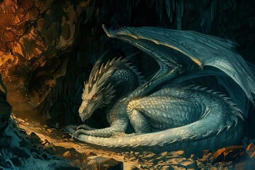 Ancient Dragon's Lair Majestic Creature Resting in a Cave - Digital Painting of Mythical Beast's Home