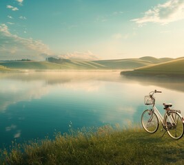Nestled among rolling hills of emerald green, a bicycle stands beside a shimmering lake reflecting the azure sky above. Wisps of mist dance across the water's surface as the sun begins to rise