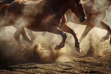 Horses in rodeo arena kicking up dust. Concept Rodeo Events, Dusty Action Shots, Equestrian...