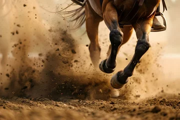 Foto op Plexiglas anti-reflex Rodeo horses kicking up dust in arena. Concept Rodeo, Horses, Arena, Dust, Action Shots © Anastasiia