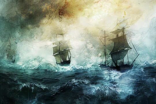 Ancient Mariners Old Sailing Ships in Rough Seas, Digital Art, Nautical Adventure Theme