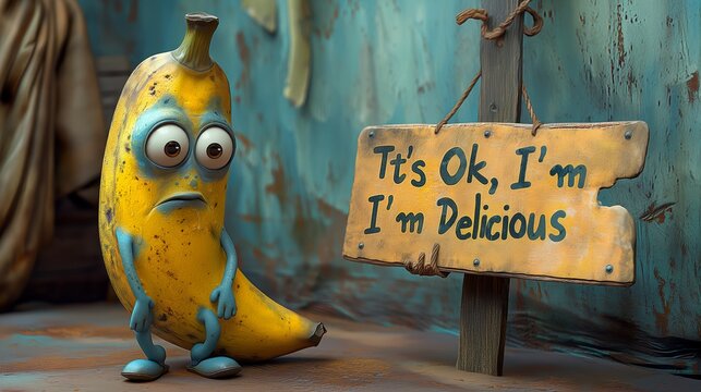cartoon banana  holding a sign "It's Ok, I'm Delicious"