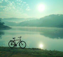 Nestled among rolling hills of emerald green, a bicycle stands beside a shimmering lake reflecting the azure sky above. Wisps of mist dance across the water's surface as the sun begins to rise