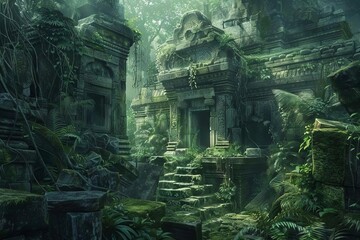 Ancient Secrets Lost Temple Ruins Overgrown with Jungle, Digital Archaeological Illustration - obrazy, fototapety, plakaty