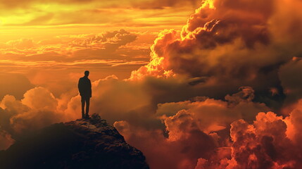 Man gazes into the sky where cotton-like clouds amass, presenting a play of shadows and light against the tranquil azure backdrop. Landscape