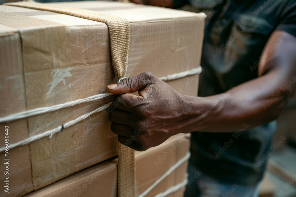 Poster a close-up shot of a mover hands, securing a strap around a stack of boxes.