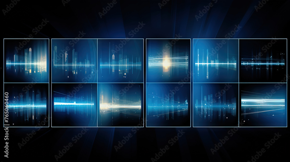 Poster Business abstraction with infographics style data blocks in blue glowing lights.
