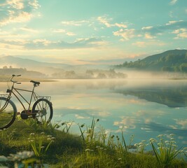 Nestled among rolling hills of emerald green, a bicycle stands beside a shimmering lake reflecting the azure sky above. Wisps of mist dance across the water's surface as the sun begins to rise