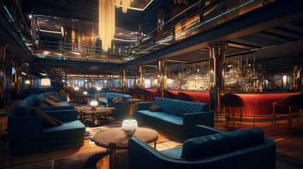 A  luxurious cruise ship bar and lounge area with a variety of cocktails and beverages.