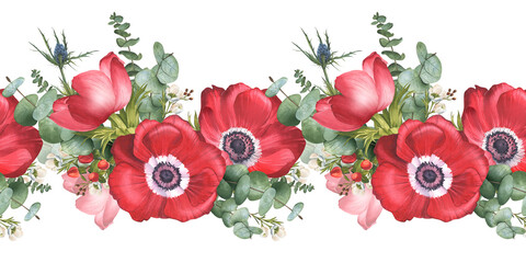 Bouquet of red anemones, eucalyptus, hypericum, eryngium. Watercolor illustration. Seamless pattern of floral composition with field poppies and greenery. For spring textiles, wallpaper, flower shop - obrazy, fototapety, plakaty
