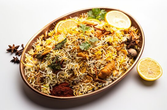 a top view of biryani in an oval plate