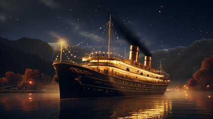 A  luxurious gilded-age passenger ship, resplendent in its golden age, sailing through calm waters...