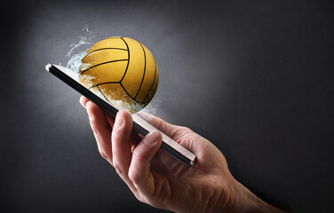 Concept watching waterpolo online with hand with mobile and ball