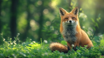fox on the green forest background