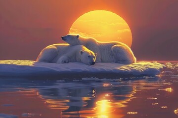 Arctic Silence Polar Bears on a Melting Ice Floe under the Midnight Sun, Digital Painting