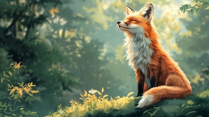 fox on the green forest background - obrazy, fototapety, plakaty