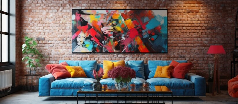 A cozy living room with a stylish blue couch and a colorful painting hanging on the wall