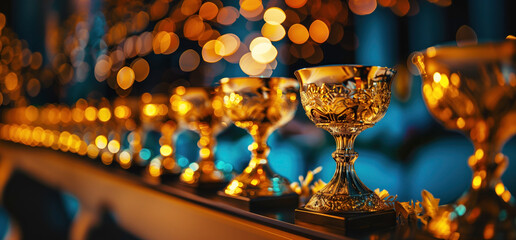 Golden trophies row with bokeh lights. Prizes on display with festive backdrop