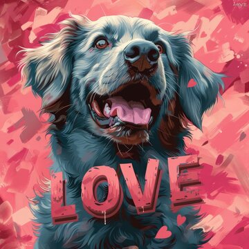 A painting of a dog with the word love on it.