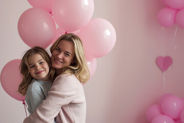 DIA DAS MÃES FILHA ABRAÇO SORRINDO EM FUNDO COM BALÕES COR DE ROSA