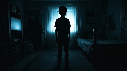 Fototapeta na wymiar Child silhouette is backlit by a bright window in a dimly lit bedroom, evoking a sense of mystery