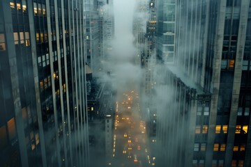 a city skyline draped in mist, with tall buildings fading into the fog forecast