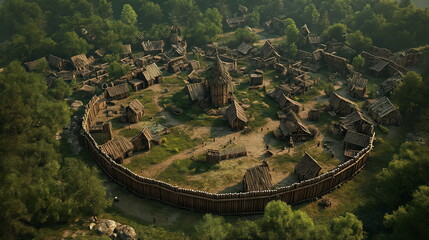 Top view of small medieval village within wooden palisades, flat land surrounded by forest, historical building nature