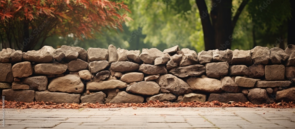 Poster an image showing a detailed view of a stone wall with a tree in the background