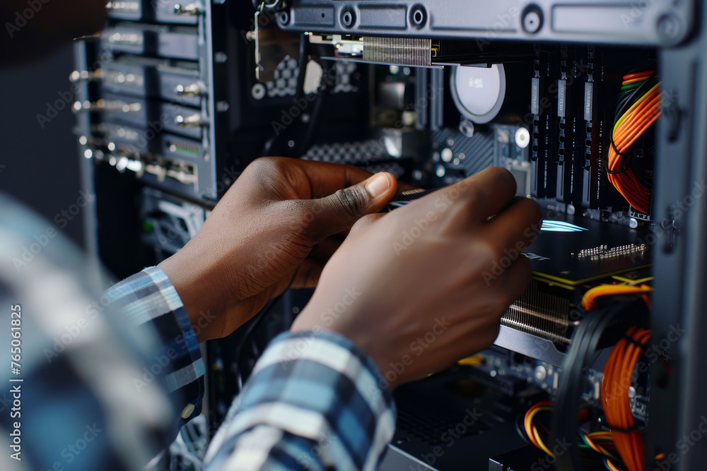 Poster a close-up shot of a person hands, standing and replacing a graphics card in a computer tower.