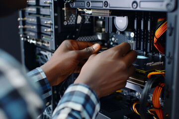 A close-up shot of a person hands, standing and replacing a graphics card in a computer tower.