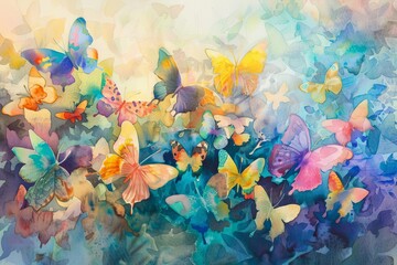 Obraz na płótnie Canvas Butterfly's Dream, Watercolor Painting of Colorful Butterflies Fluttering in a Lush Garden