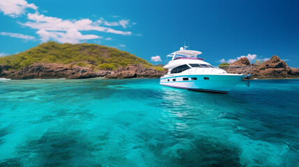 A  luxury yacht anchored in a pristine bay with clear blue waters and a vibrant coral reef. - Powered by Adobe