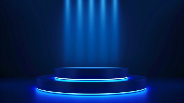 Luxury podium scene background with blue light effect on dark blue background